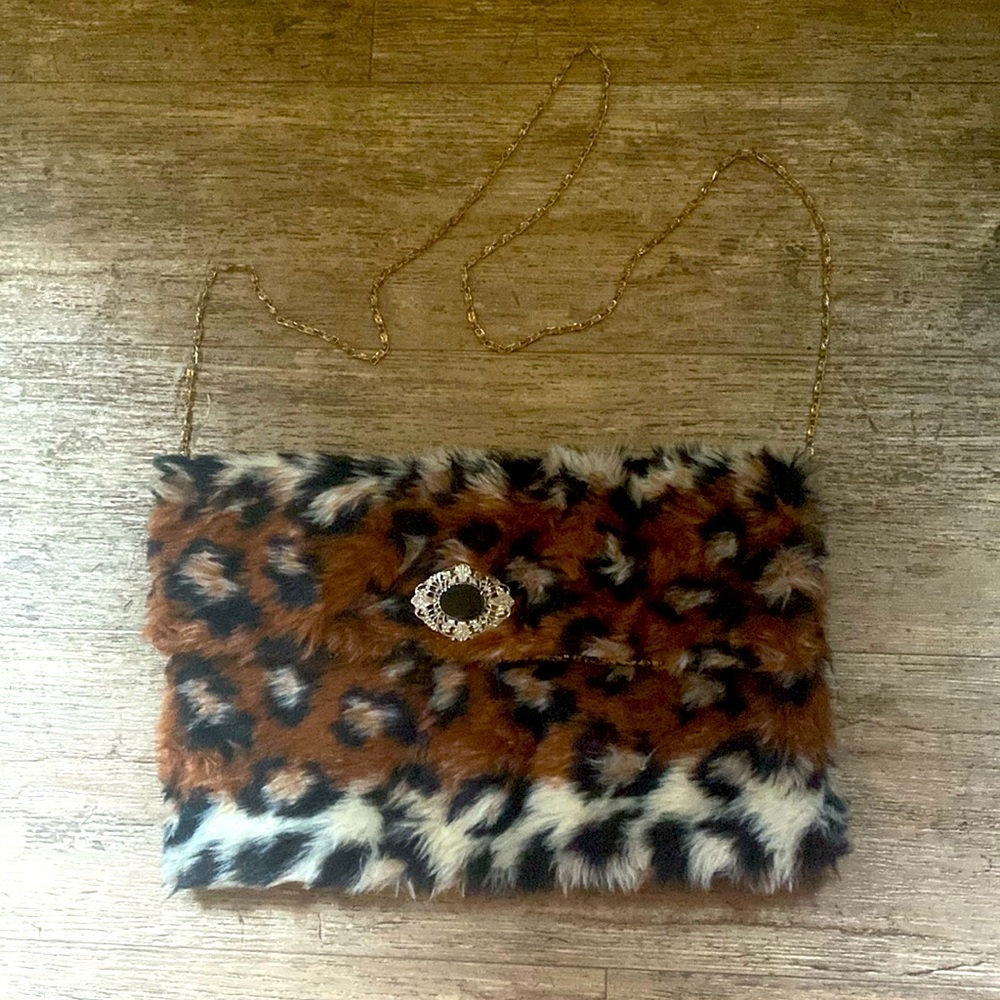 Fur Leopard Clutch with Detachable Chain